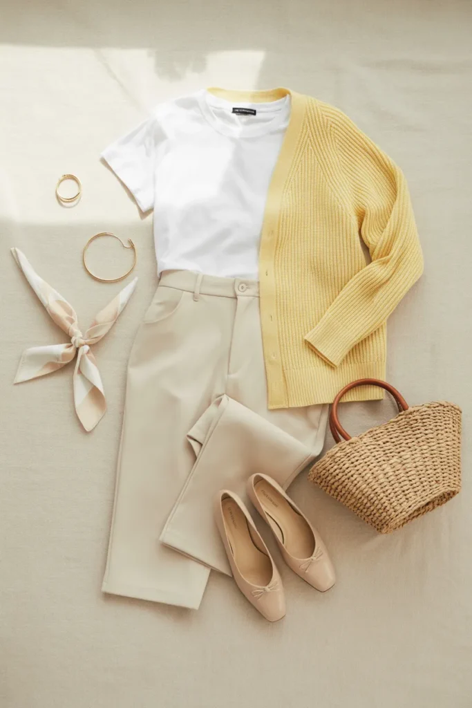 Complete spring fashion trends 2026 capsule outfit flat lay with butter yellow cardigan and pedal pushers