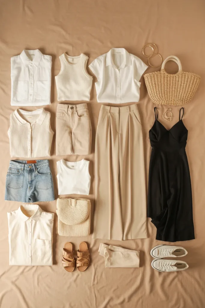 Complete summer capsule wardrobe 2026 flat lay featuring 24 essential minimalist summer pieces in neutral tones