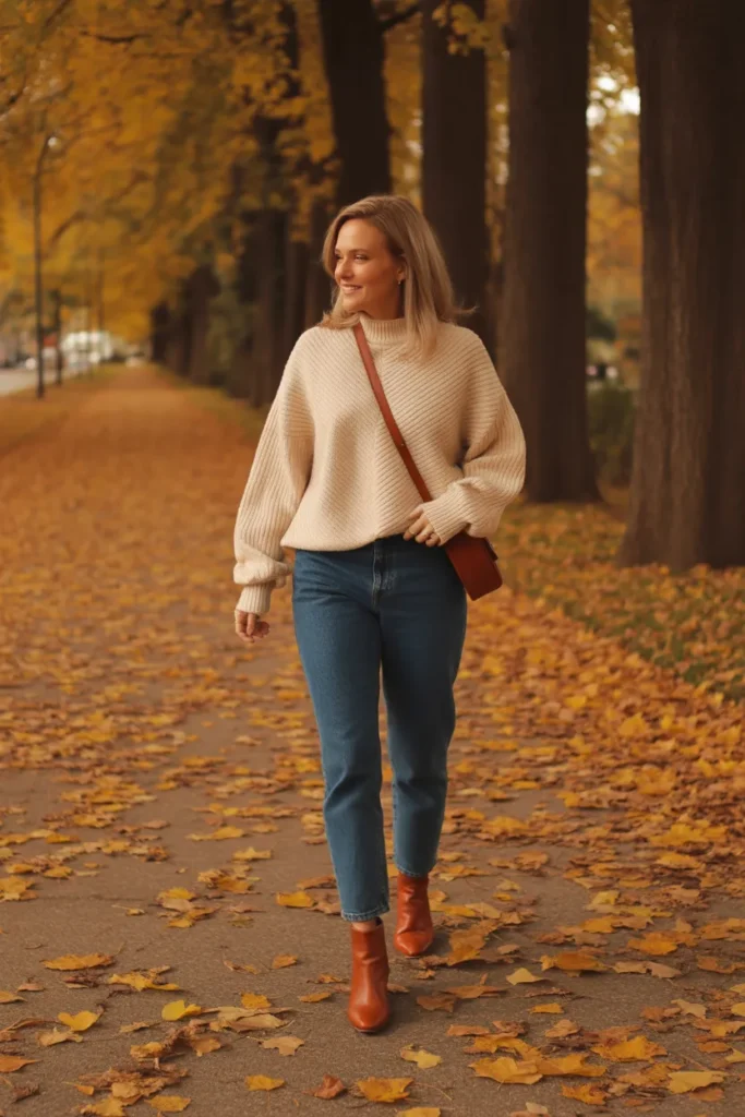 Cozy fall weekend outfit with cream chunky sweater, dark jeans and brown boots