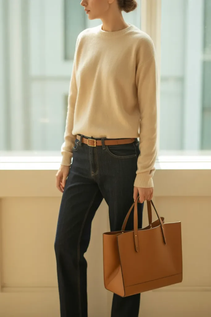 Cream cashmere sweater styled with dark jeans for travel capsule wardrobe outfit