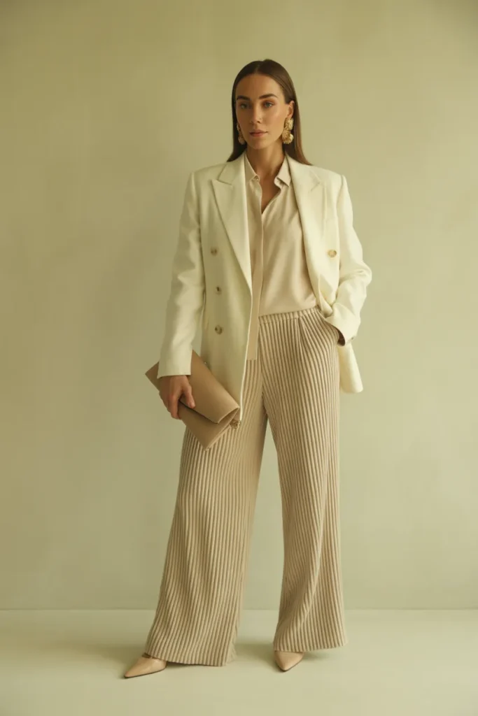 Cream monochromatic blazer suiting outfit demonstrating chic blazer styling tips for 2026.