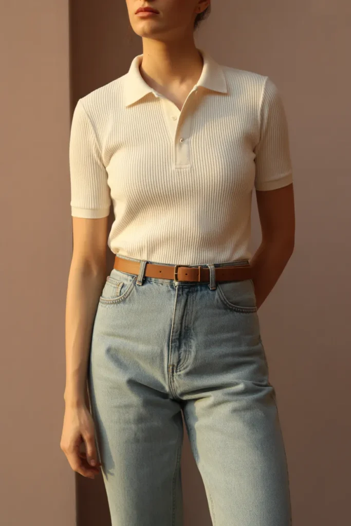 Cream ribbed polo top styled with high-waisted straight-leg jeans for spring 2026 capsule outfit