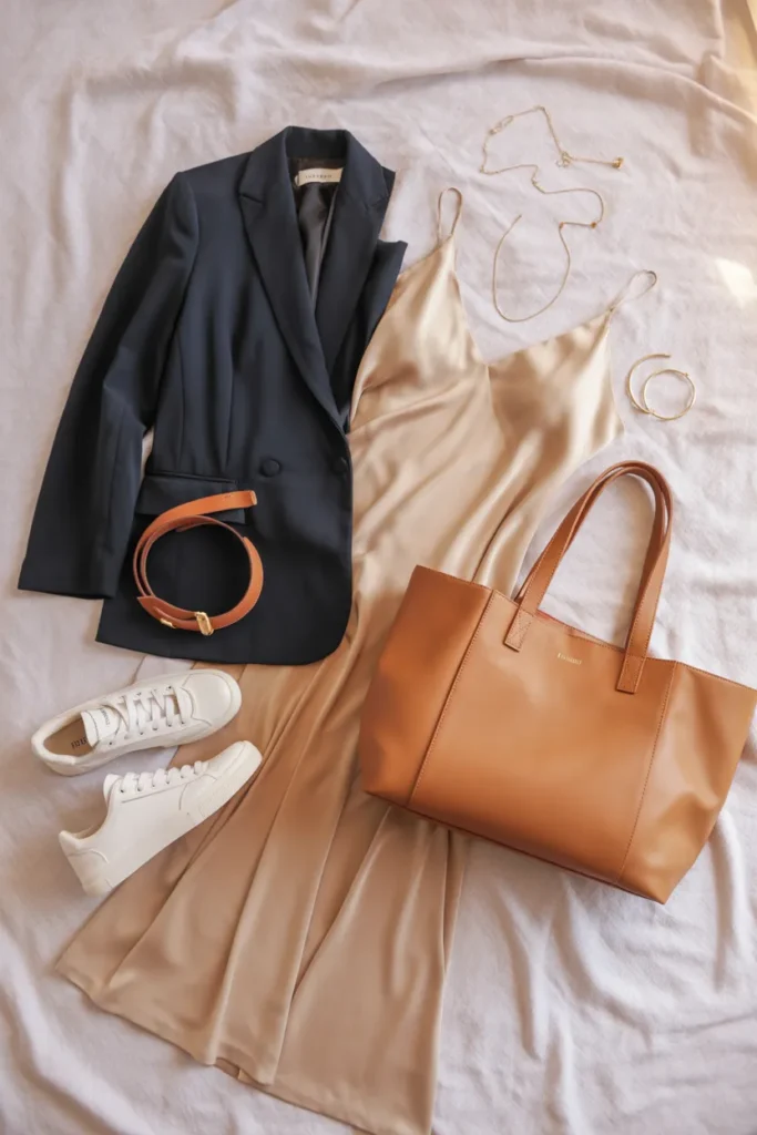 Curated best capsule wardrobe brands 2026 flat lay with blazer, slip dress, and accessories
