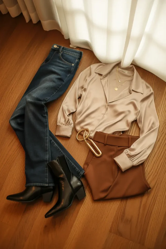 Dark indigo bootcut jeans flatlay styled with silk blouse and black boots — best investment jeans for a capsule wardrobe