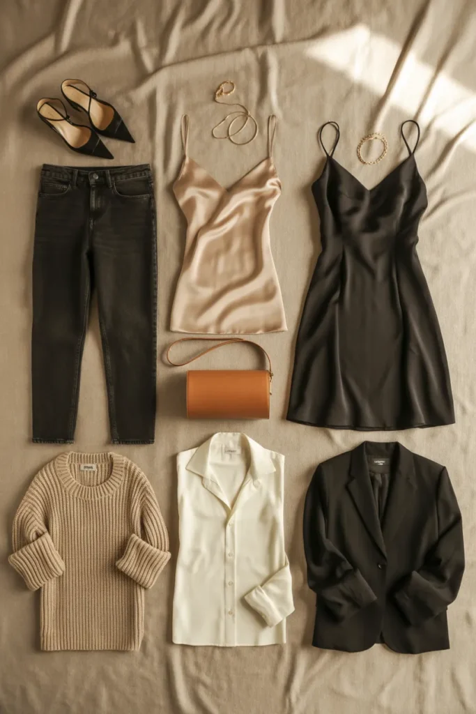 Date night outfits from a capsule wardrobe flat lay with 12 essential pieces for evening outfits