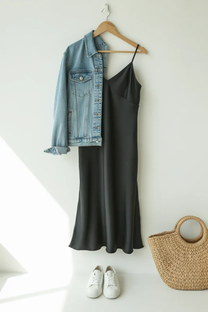 Denim jacket over midi dress — easy everyday capsule wardrobe outfit idea for women