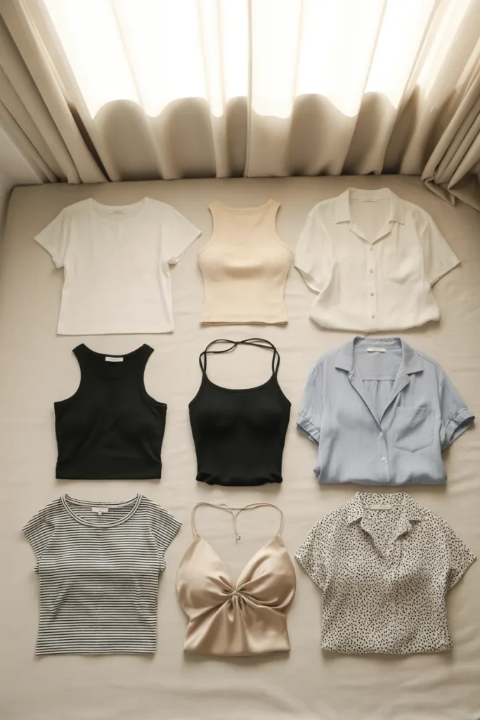 Eight essential summer tops for a 2026 capsule wardrobe including linen shirt, cotton tees, and silk camisole flat lay