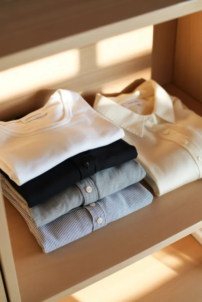 Essential capsule wardrobe tops organized on closet shelf — wardrobe planner basics for women