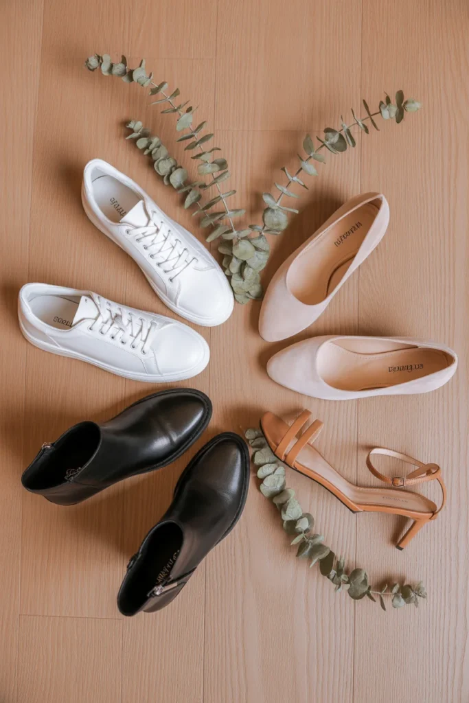 Essential shoes for a capsule wardrobe checklist — sneakers, boots, flats, and heels for every occasion