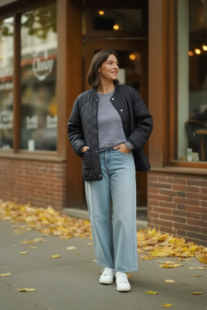 Fall casual outfit idea with quilted jacket, striped tee and wide leg jeans