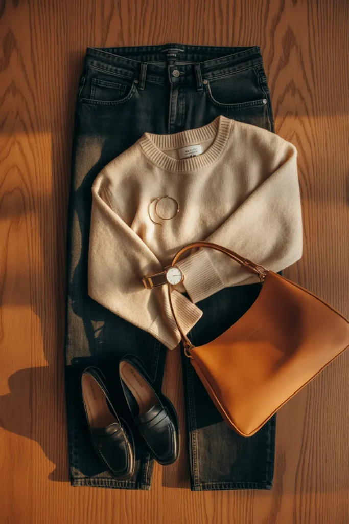 Fall transition outfit flat lay showing how to style jeans with a cream knit and loafers