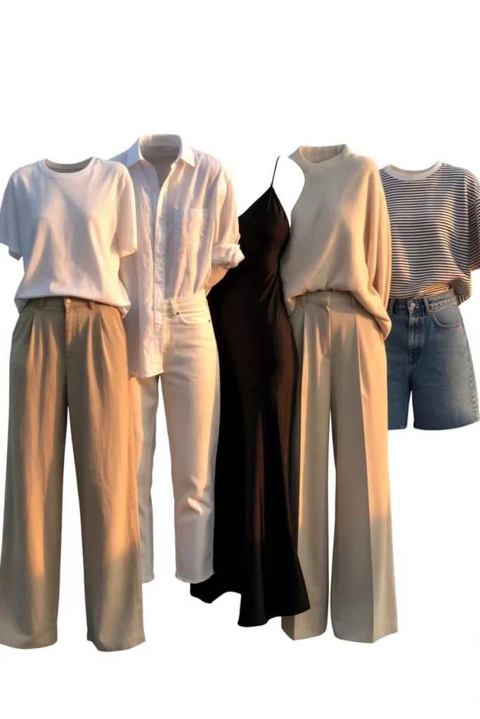 Five summer outfit formulas from a 24 piece capsule wardrobe showing versatile mix and match combinations