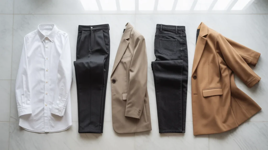 Flat lay of capsule wardrobe essentials including neutral tops, trousers, and a blazer arranged on a white surface