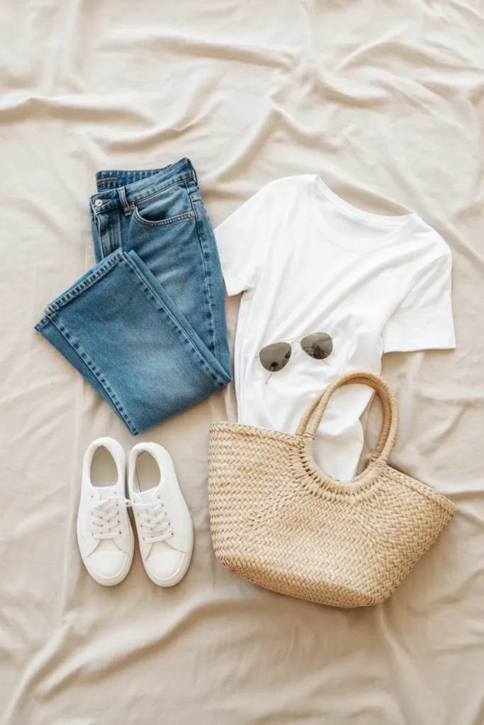 Flat lay of casual weekend outfit essentials including jeans, white tee, sneakers and tote bag