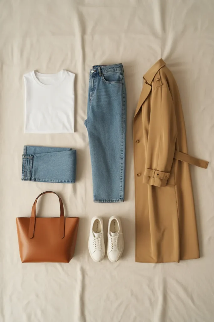 Flat lay of five outfit formula staples on cream linen for women's capsule wardrobe.