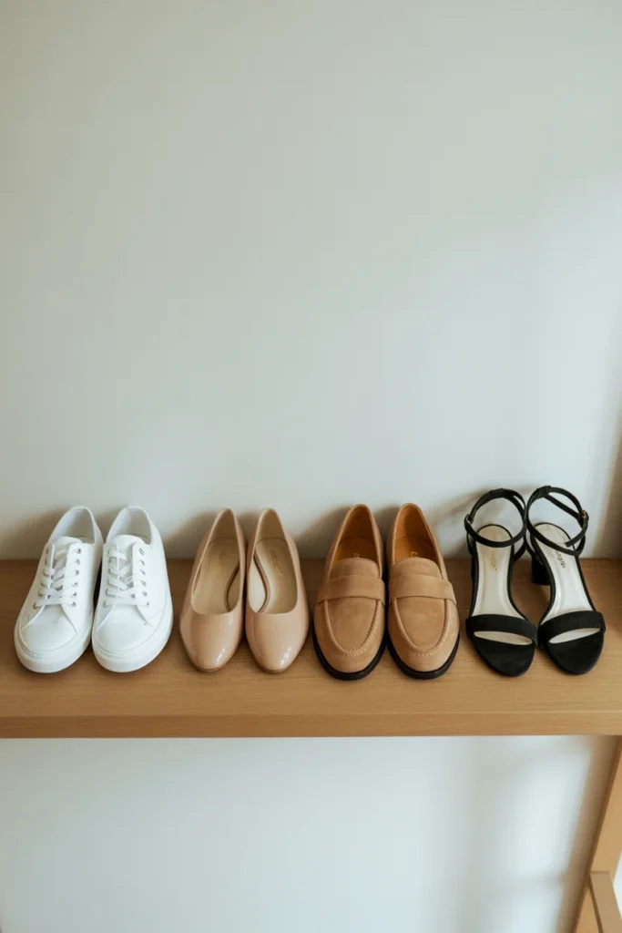 Four essential spring capsule wardrobe shoes 2026 — sneakers, ballet flats, loafers, and sandals