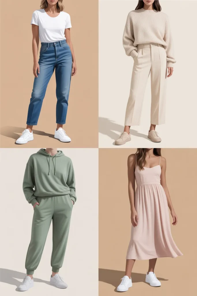 Four go to weekend outfit formulas for women featuring denim, monochrome, athleisure and dress looks