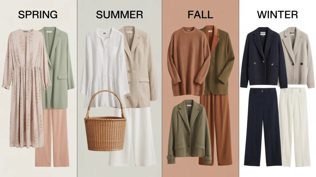 Four-season capsule wardrobe mood board showing spring, summer, fall, and winter clothing palettes