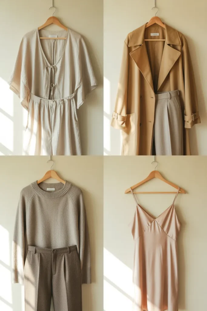 Four seasonal outfits from the best capsule wardrobe brands 2026 hung side by side