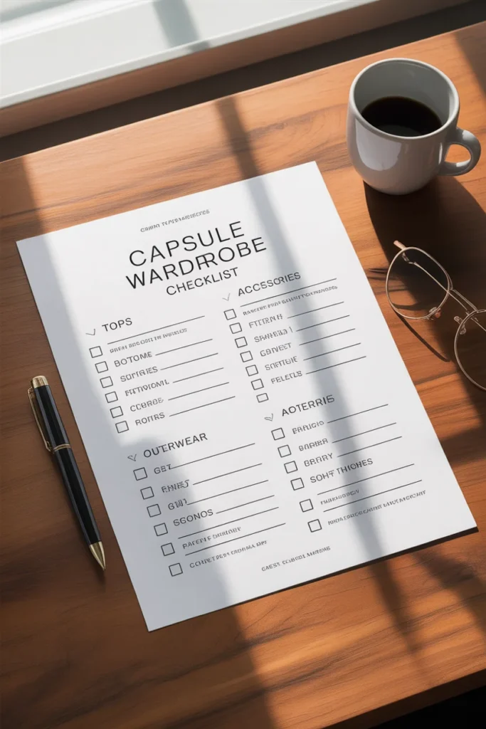 Free printable capsule wardrobe checklist PDF download — minimalist wardrobe planner template for closet organization