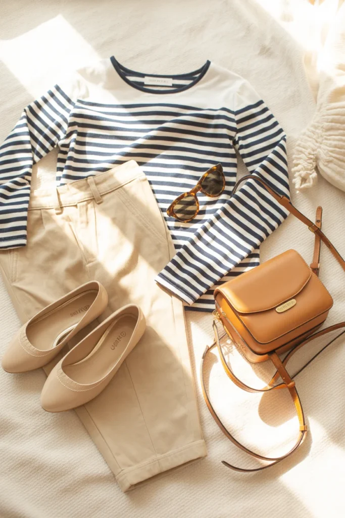 French-inspired striped Breton top and chinos — simple capsule wardrobe outfit for everyday style