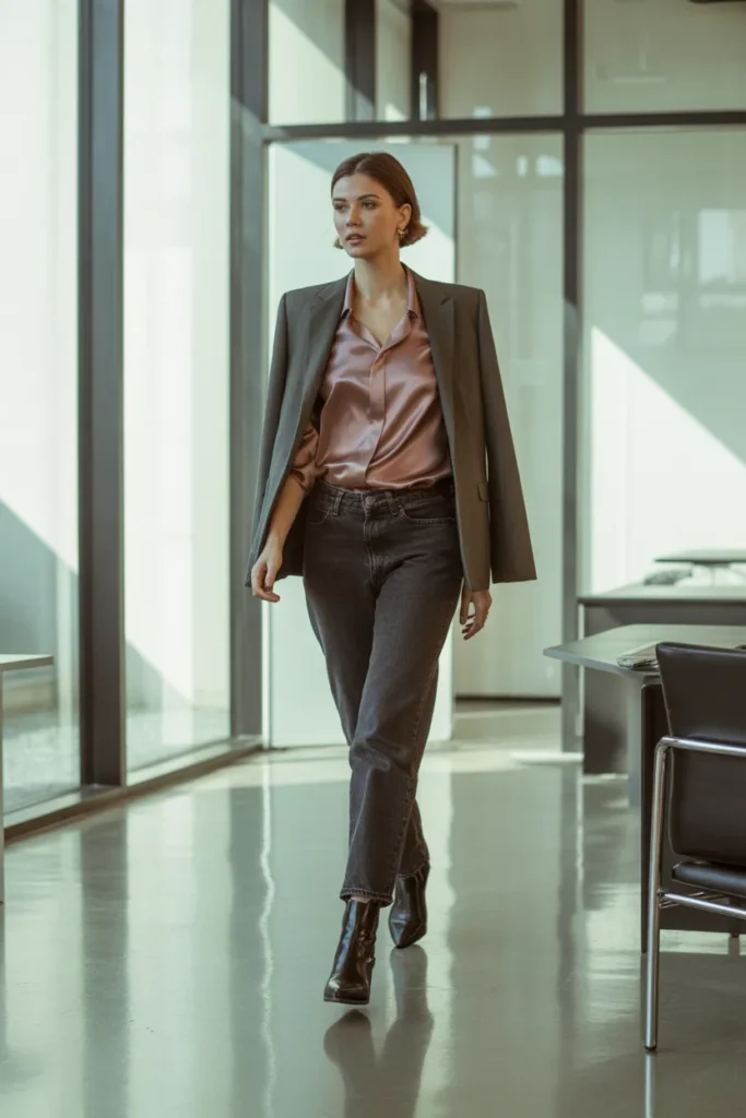 Friday business casual outfit idea dark jeans satin blouse and blazer from office capsule wardrobe