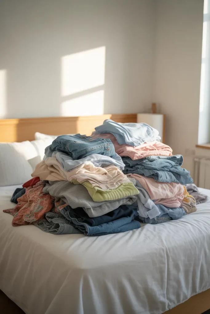 Full closet dump on bed — the first step to declutter your wardrobe in one weekend