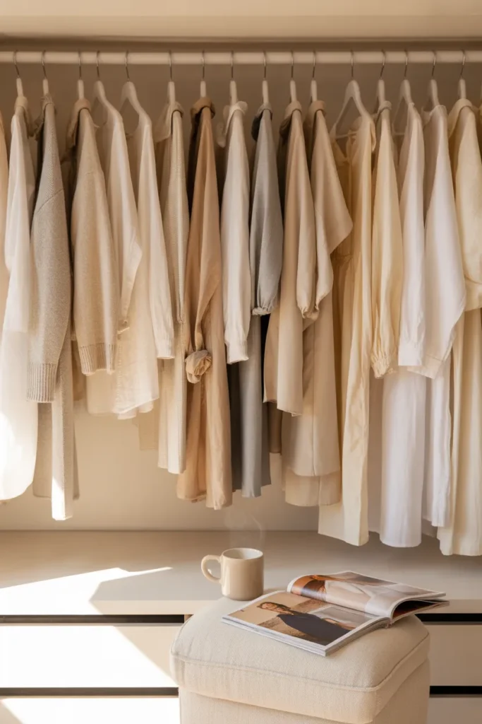Fully organized minimalist wardrobe with 35 neutral clothing pieces and cozy morning light