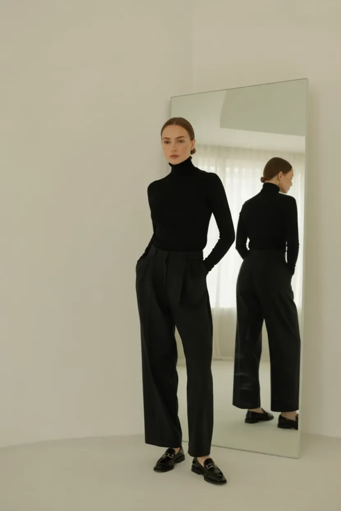 Head-to-toe black monochrome outfit formula for quiet luxury capsule wardrobe.