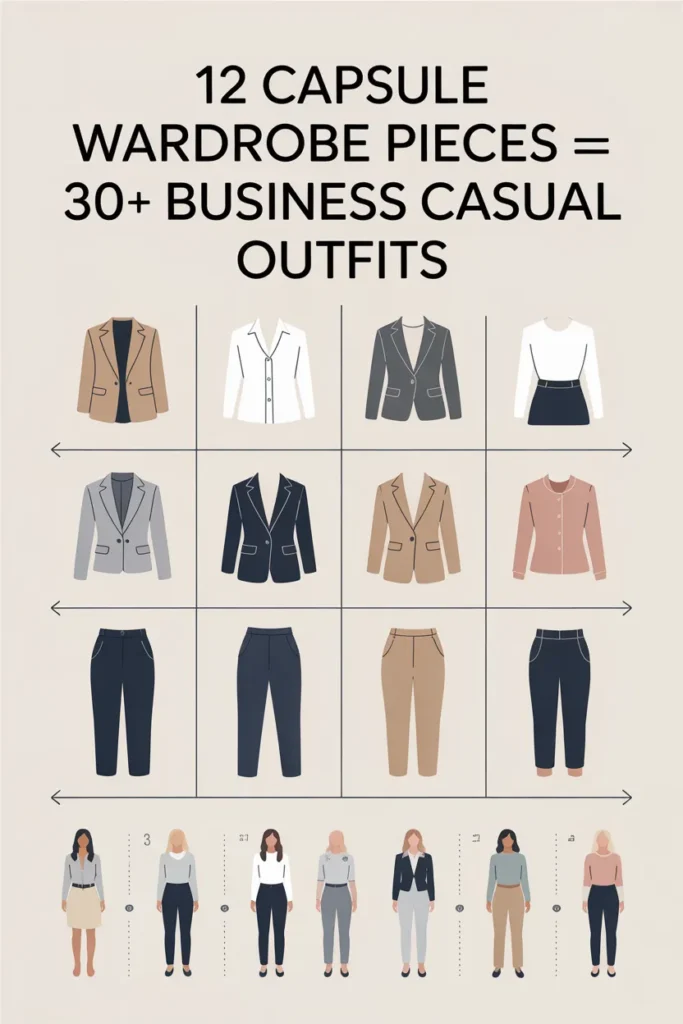 How 12 office capsule wardrobe pieces create over 30 business casual work outfit combinations