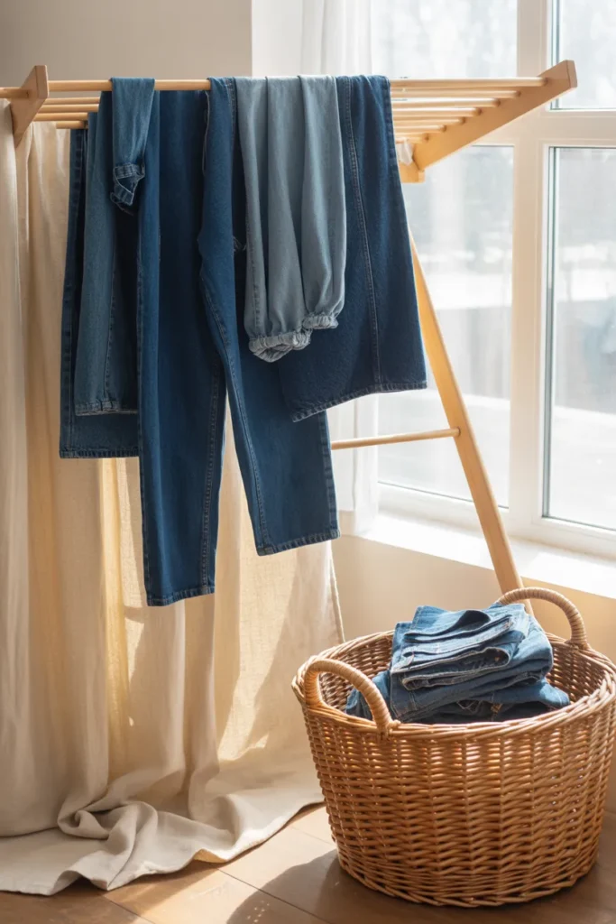 How to care for capsule wardrobe jeans showing denim hang-drying by a window — tips to make best jeans last longer