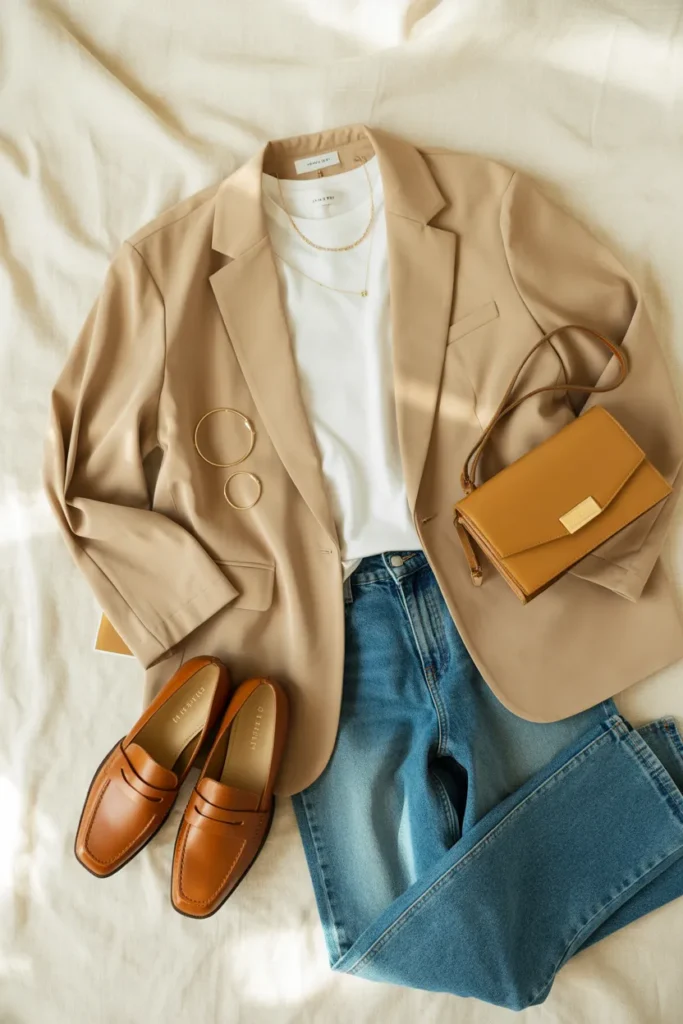 How to style a blazer outfit flat lay with white tee, jeans, gold jewelry, and loafers for a 2026 capsule wardrobe look.