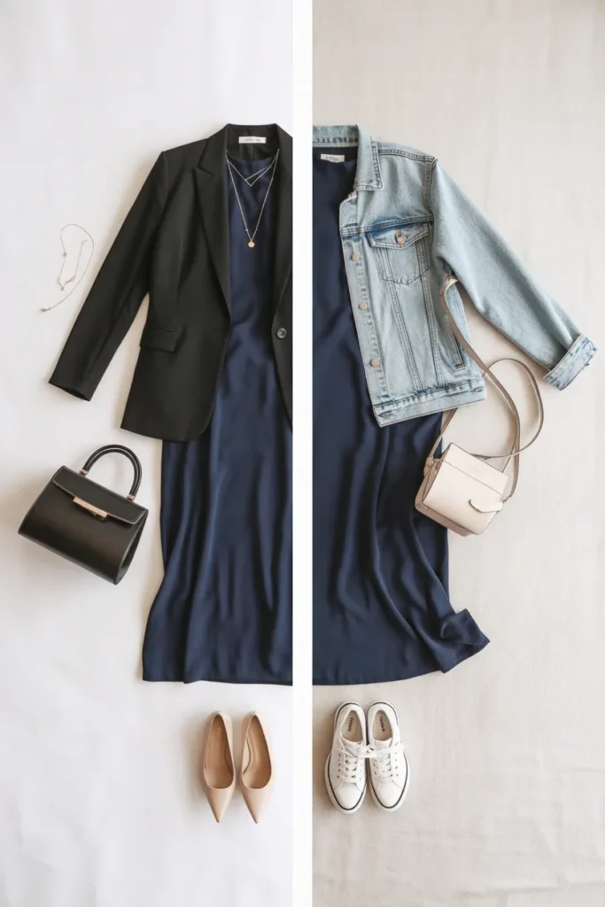 How to style a navy midi dress for work and weekend from your capsule wardrobe