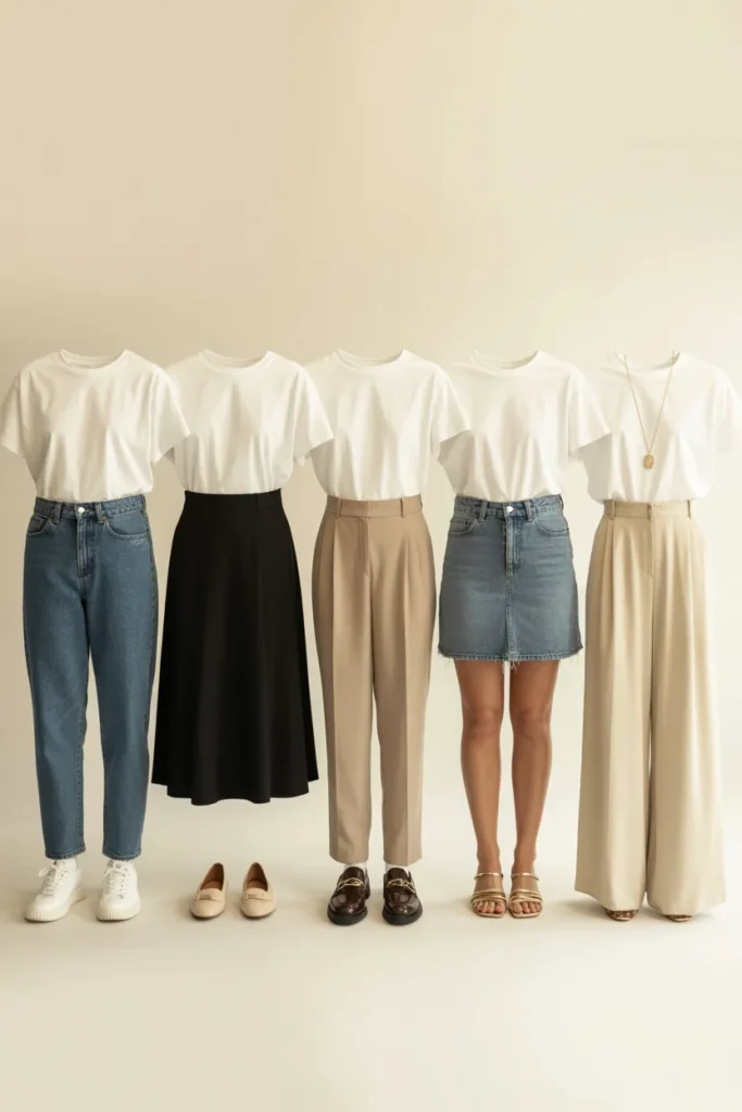  How to style white t-shirt five ways capsule wardrobe outfit ideas for women