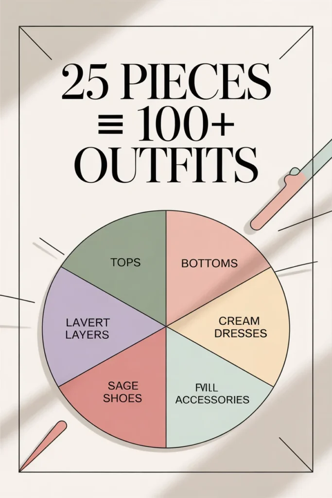 Infographic showing how 25 capsule wardrobe pieces create over 100 spring outfit combinations in 2026