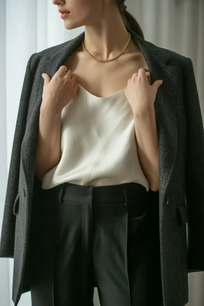 Ivory silk camisole styled under a black blazer for spring fashion trends 2026
