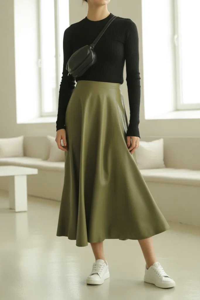 Knit top and A-line midi skirt — feminine everyday outfit idea for capsule wardrobe styling