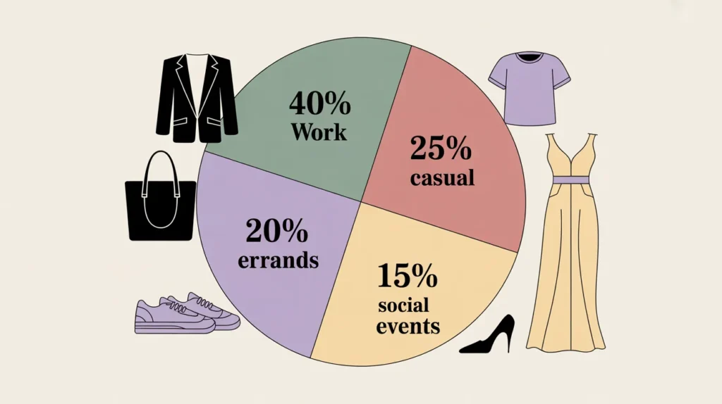 Lifestyle breakdown pie chart showing how to allocate capsule wardrobe pieces by daily activity