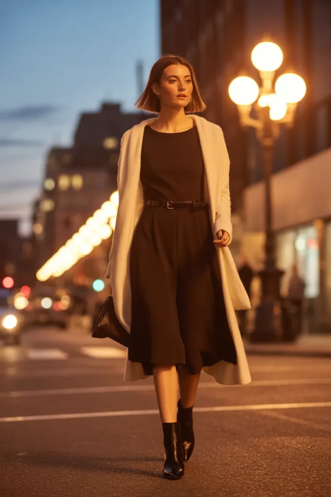 Little black dress date night outfit with ankle boots capsule wardrobe idea