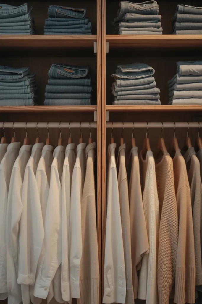 Minimalist capsule wardrobe closet with folded denim essentials and neutral tops showing how to organize best jeans for a capsule wardrobe