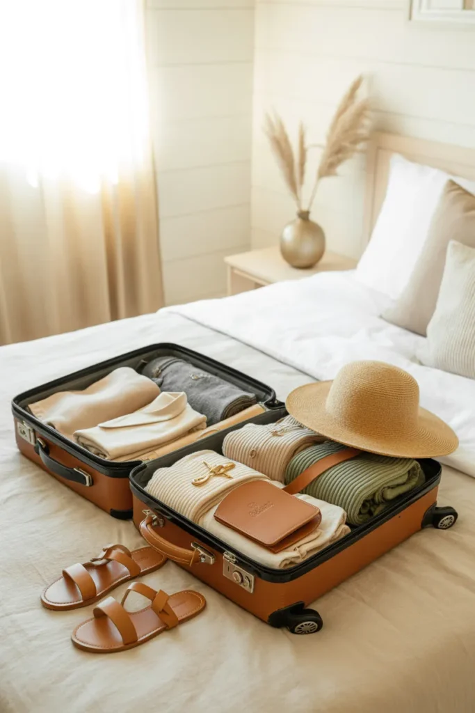 Minimalist capsule wardrobe packed neatly in a suitcase for travel