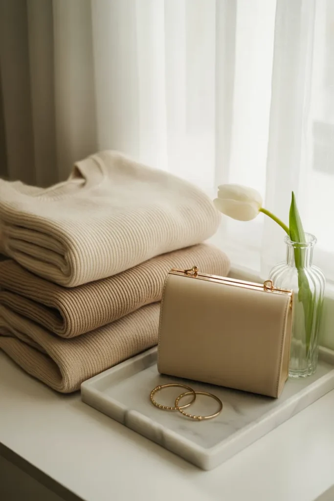 Minimalist closet corner showcasing luxury capsule wardrobe brands with cashmere, leather bag, and gold accessories