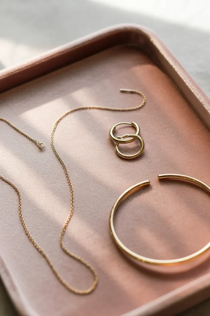Minimalist gold jewelry flat lay — essential accessories for women's wardrobe