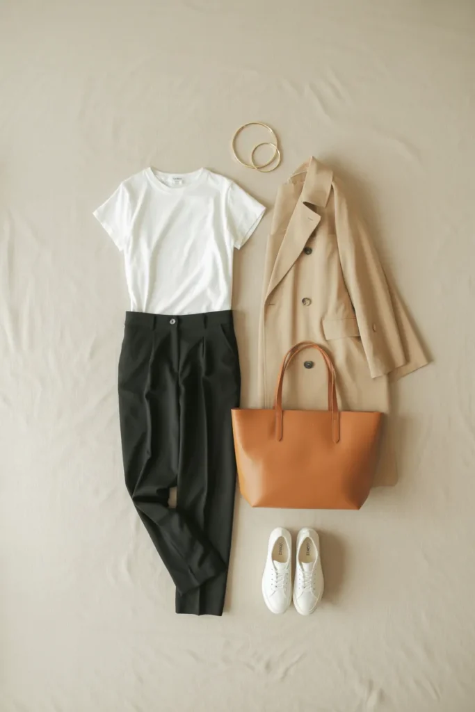 Minimalist wardrobe essentials flat lay with white tee trench coat and leather tote