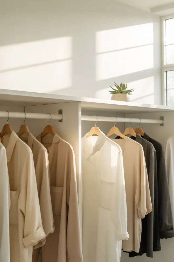 Minimalist wardrobe with neutral clothes on wooden hangers in an organized closet