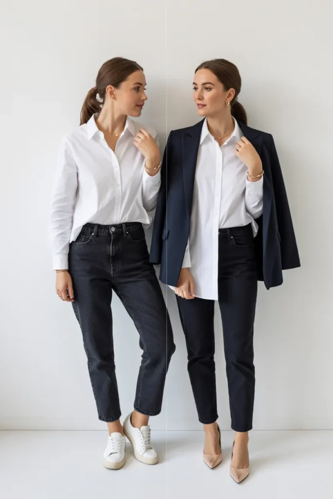  Mix and match capsule wardrobe styling comparison showing one outfit combination dressed casual and dressed up with different accessories