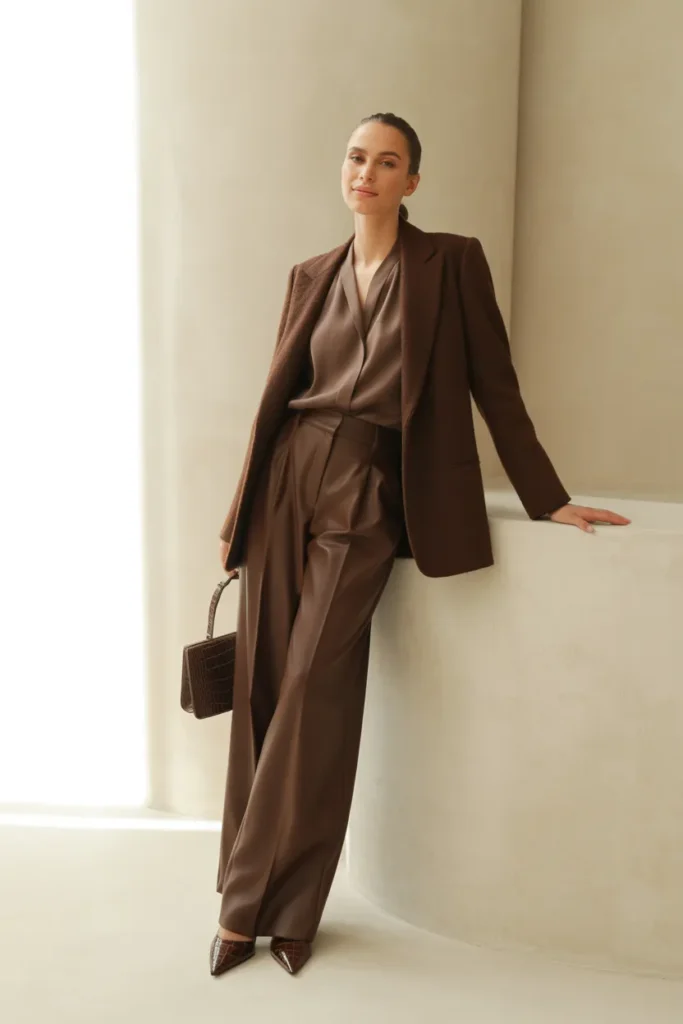 Monochromatic brown blazer outfit idea showing how to style a blazer in 2026 for a chic tonal look.
