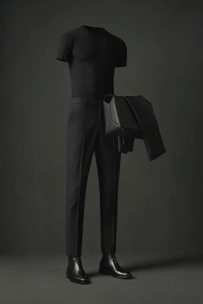 Monochrome all-black capsule wardrobe outfit — effortless everyday look for women