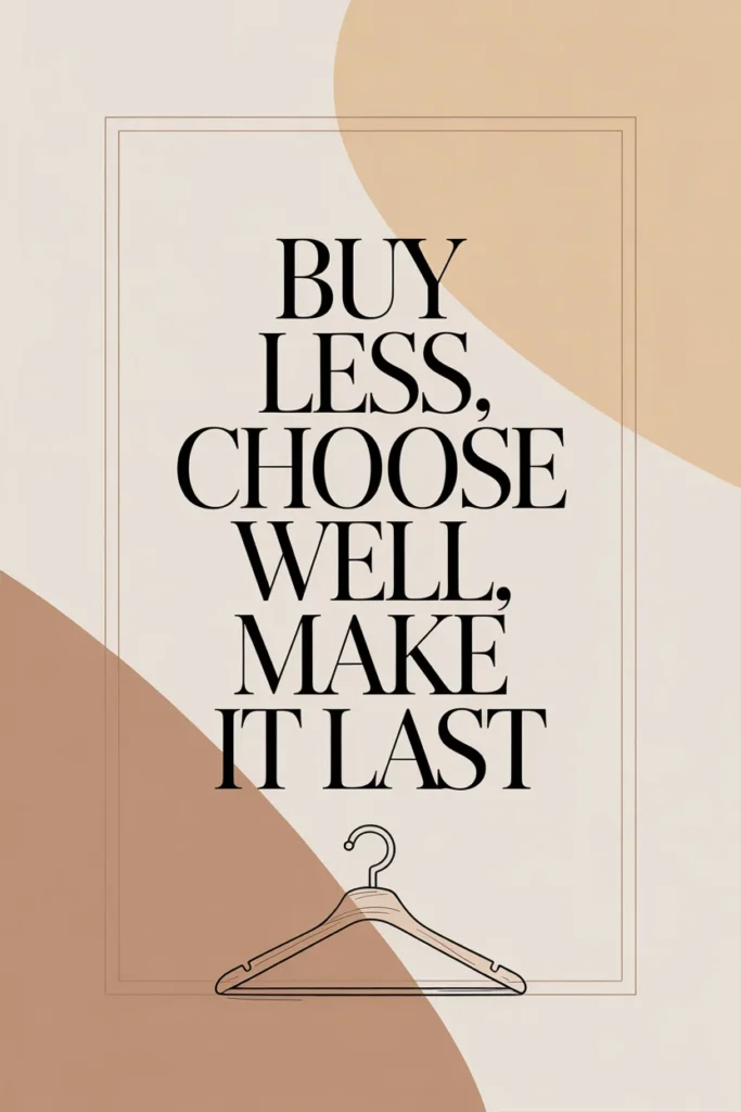 Motivational capsule wardrobe quote — buy less, choose well, make it last — on a minimalist Pinterest graphic