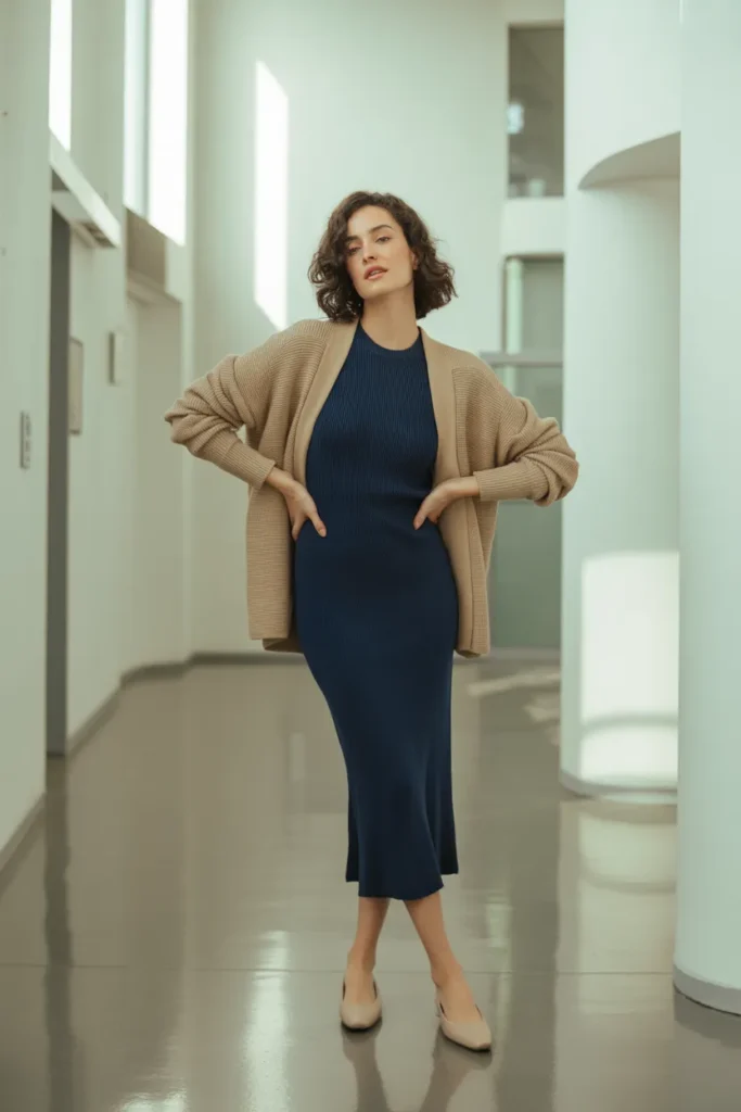 Navy knit midi dress business casual outfit idea for women in office capsule wardrobe